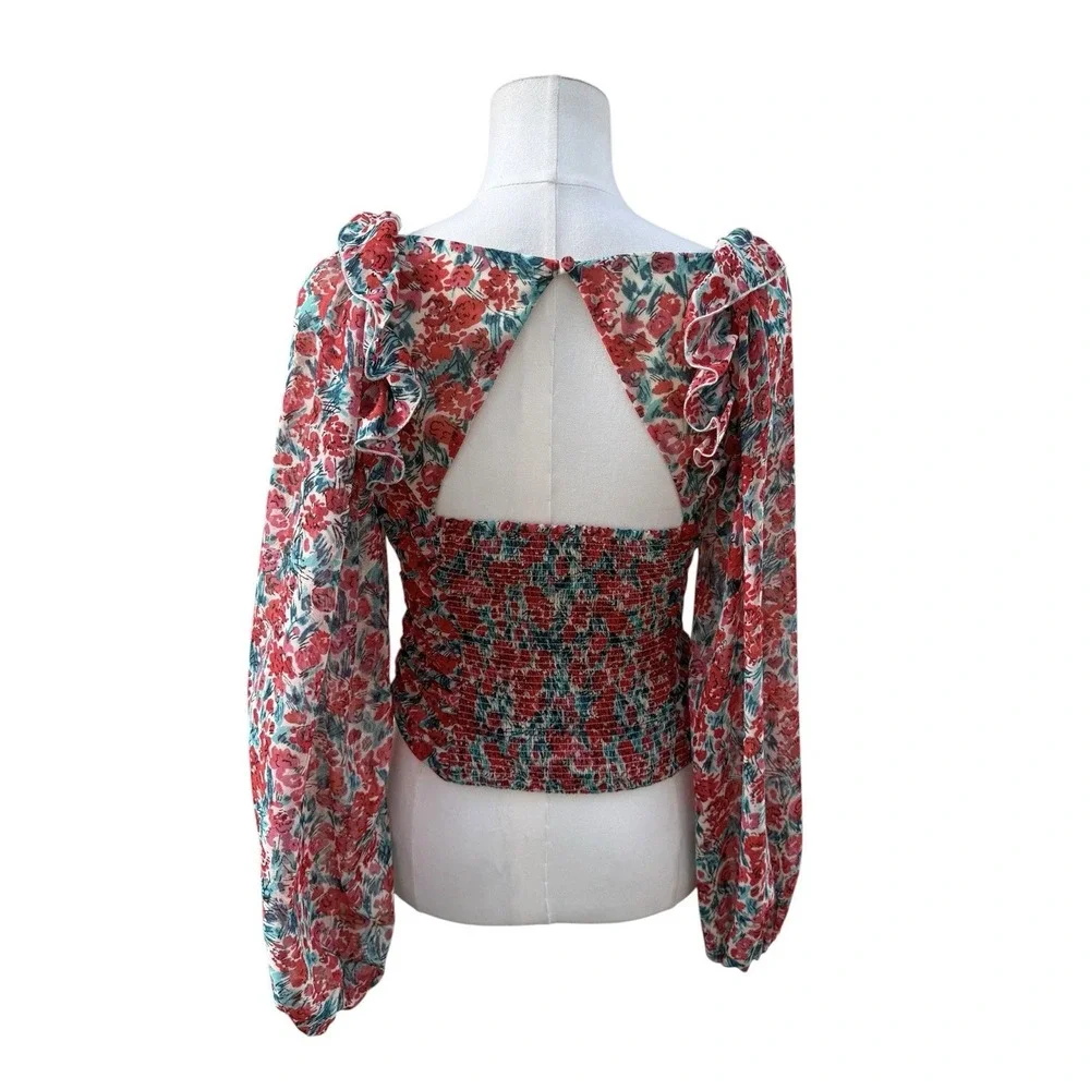 Free People XS Floral Ruched Crop Top Sheer Puff Sleeve Open Back Boho Blouse